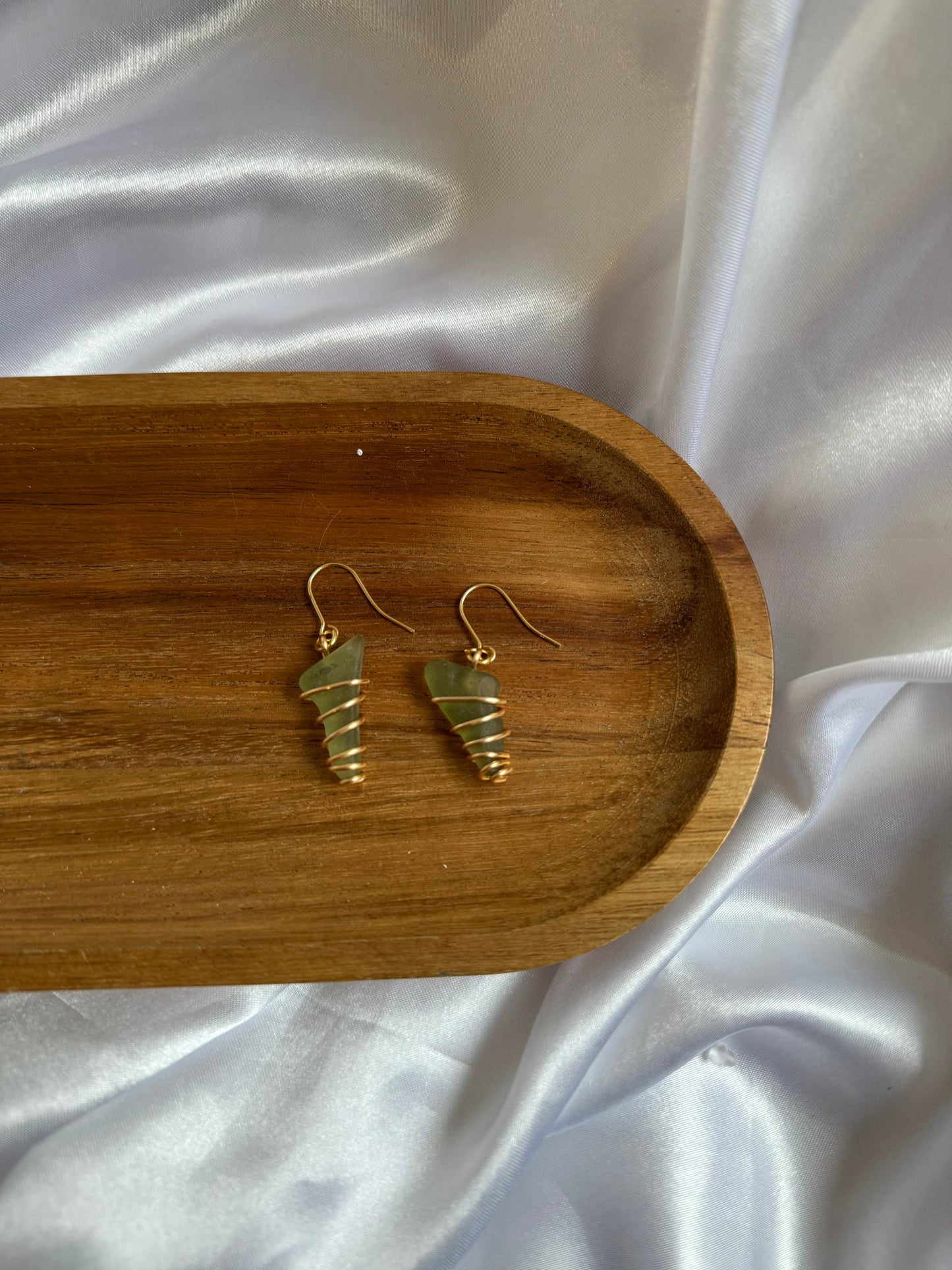 Hand Wire-Wrapped Green Sea Glass Earrings- 18k gold plated