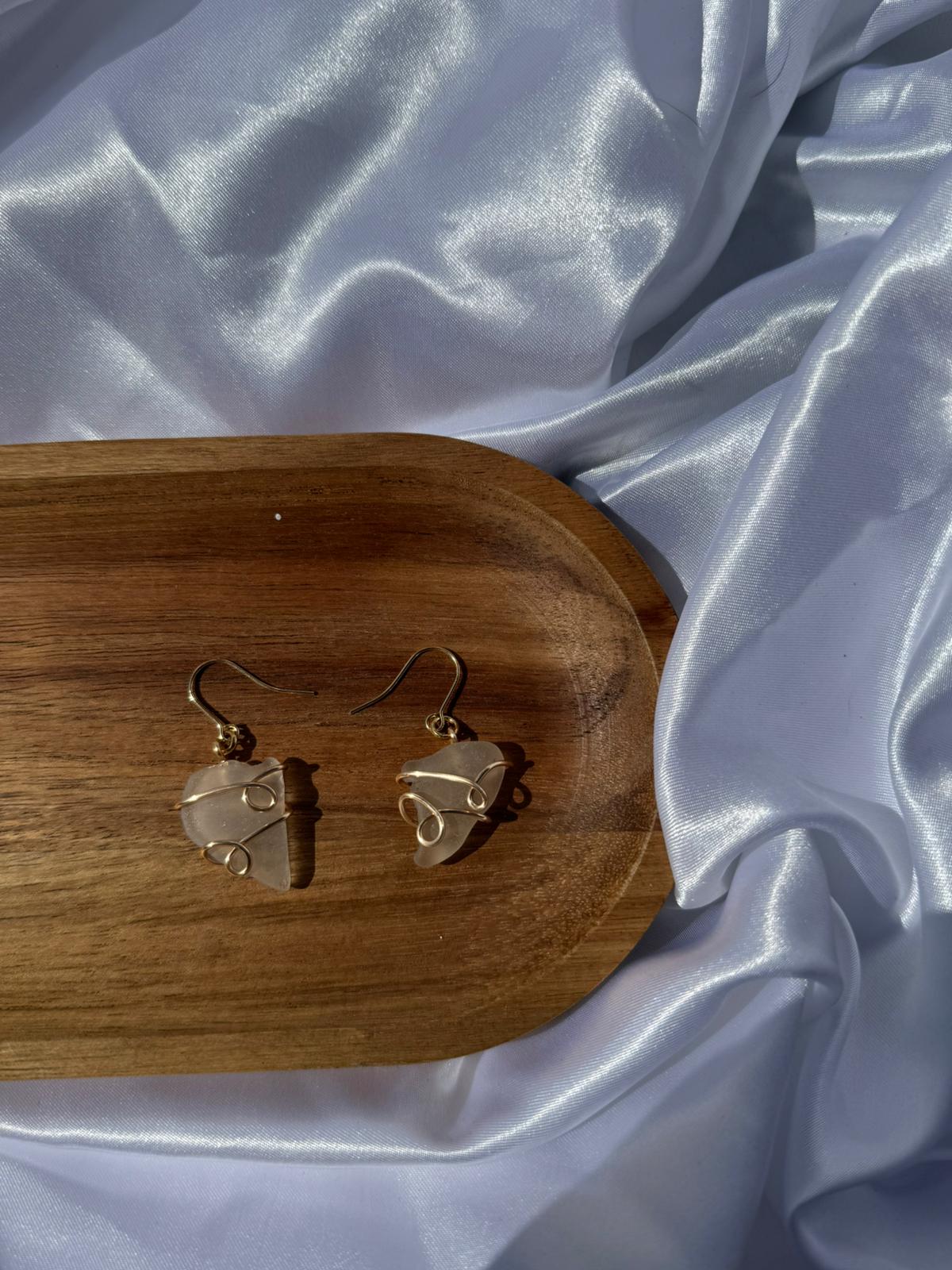 Hand Wire-Wrapped Clear Sea Glass Earrings- 18k gold plated