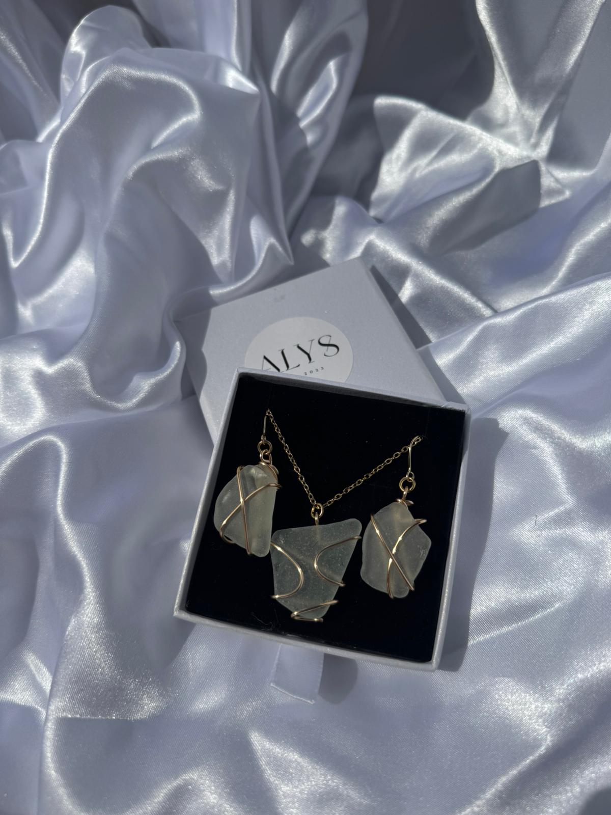 18k Gold Plated Hand Wire-Wrapped Sea Glass Jewelry Set