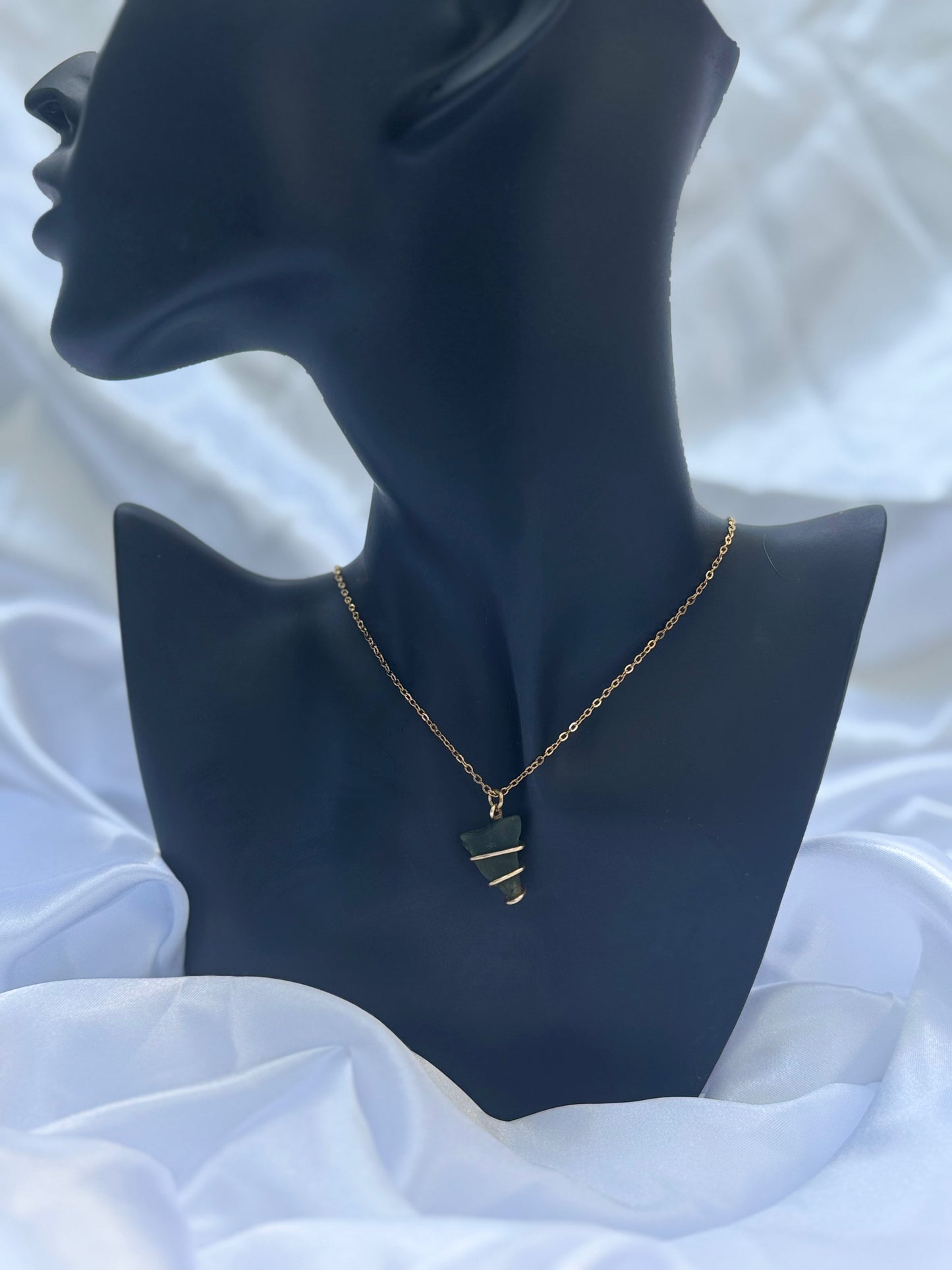 18k gold plated dark green seaglass necklace (5)