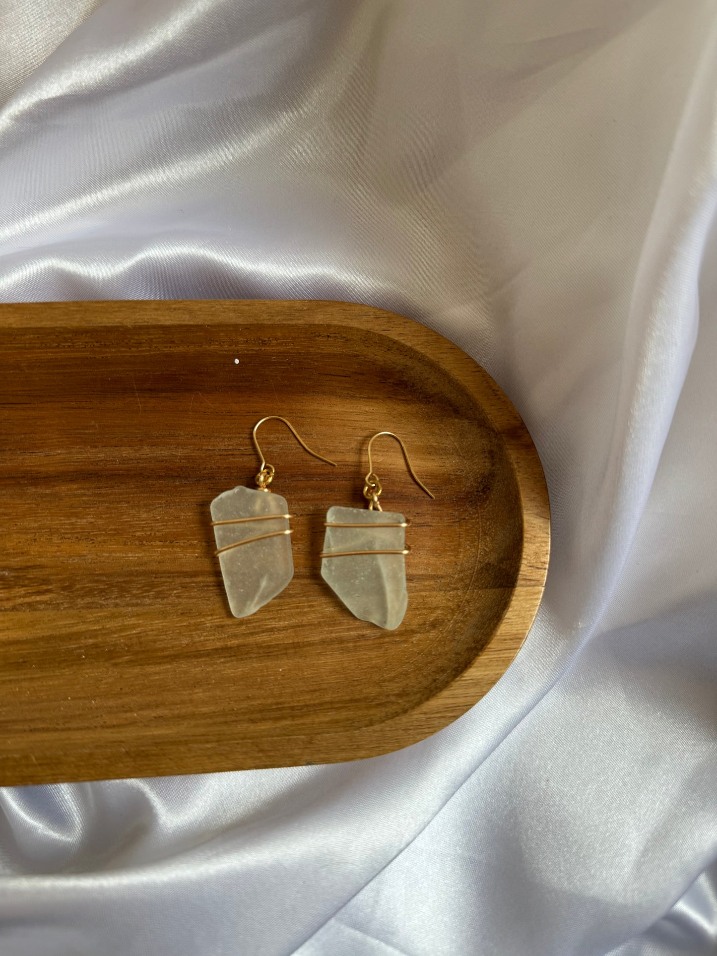 Hand Wire-Wrapped Clear Sea Glass Earrings- 18k gold plated