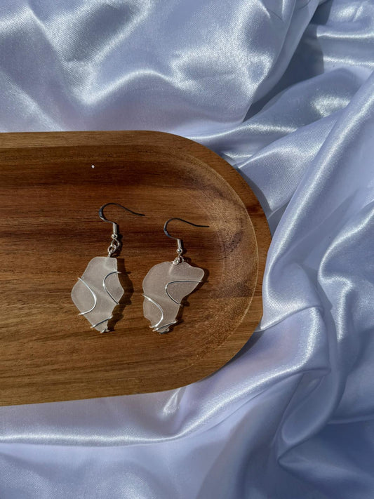 Hand Wire-Wrapped Clear Sea Glass Earrings- 925 sterling silver
