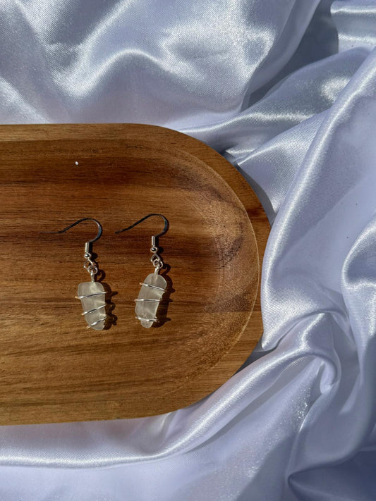 Medium- Hand Wire-Wrapped Clear Sea Glass Earrings- 925 sterling silver