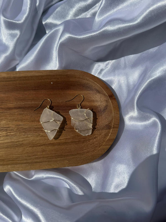 medium- Hand Wire-Wrapped Clear Sea Glass Earrings- 18k gold plated