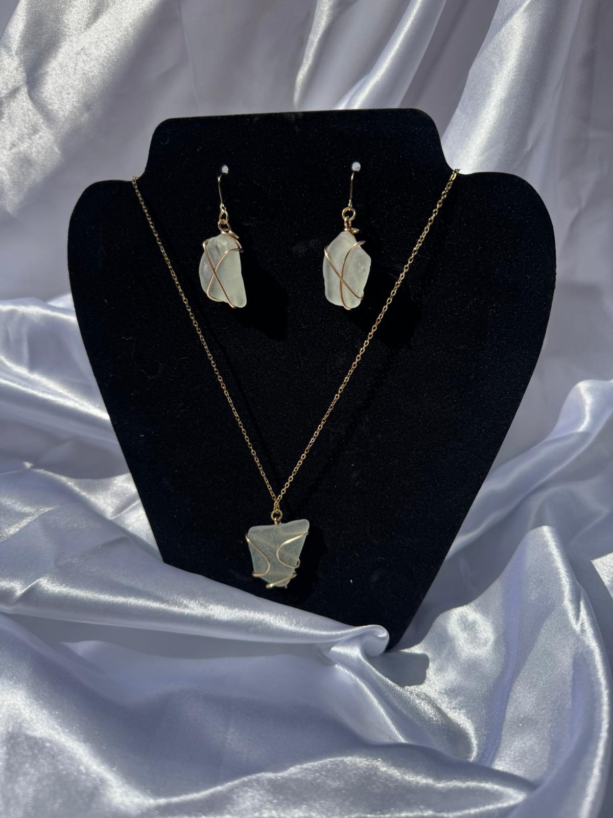 18k Gold Plated Hand Wire-Wrapped Sea Glass Jewelry Set