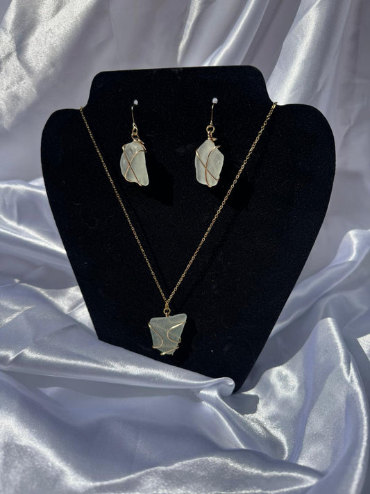 18k Gold Plated Hand Wire-Wrapped Sea Glass Jewelry Set